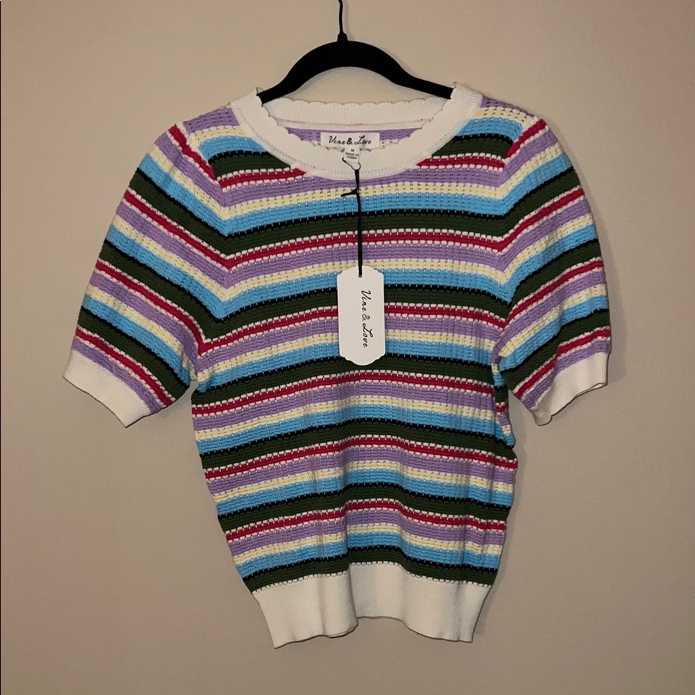 Vine & Love Striped Crochet Crewneck Top in Purple, Blue & Green